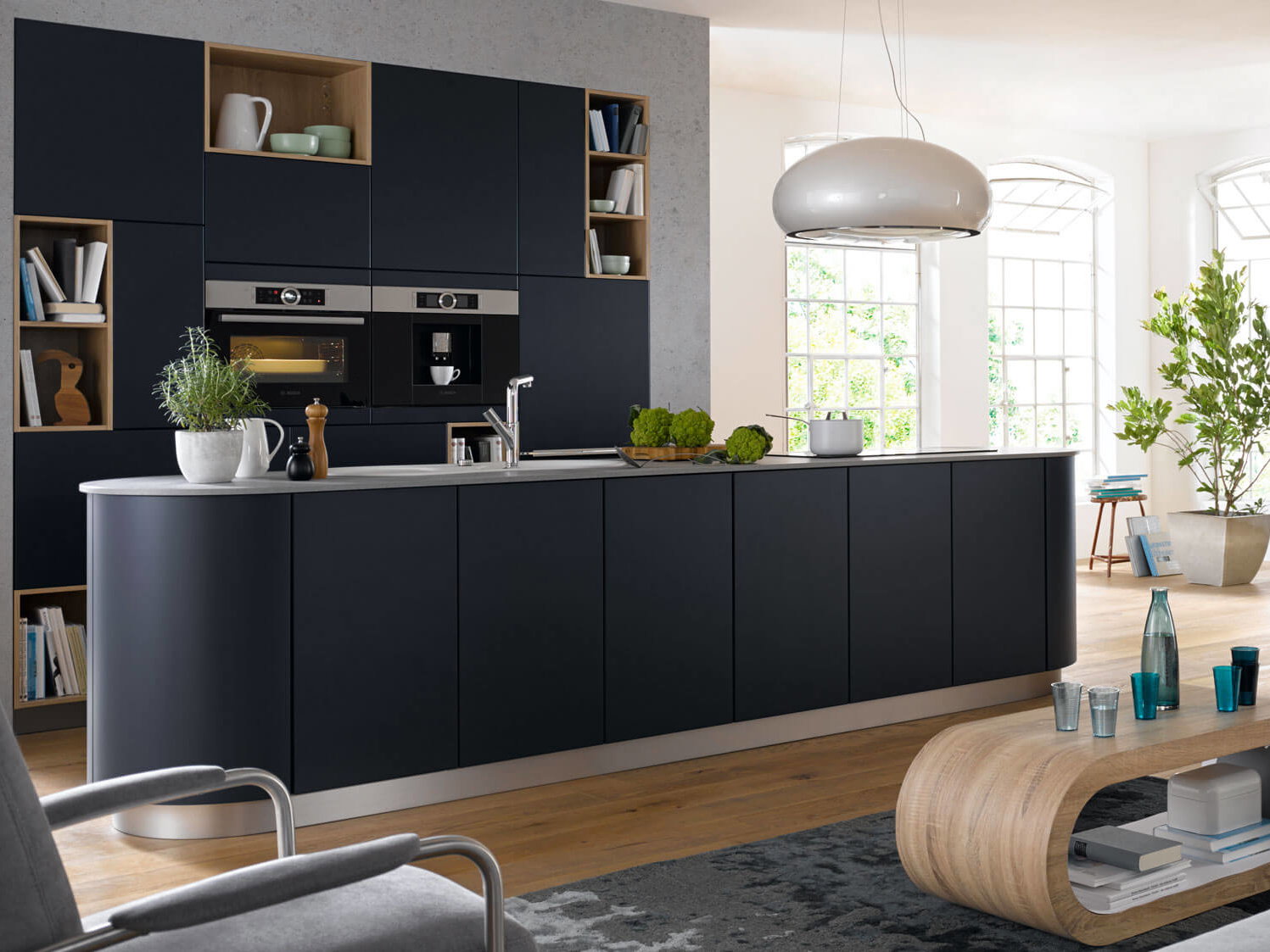 dunkelblaue runde designkueche