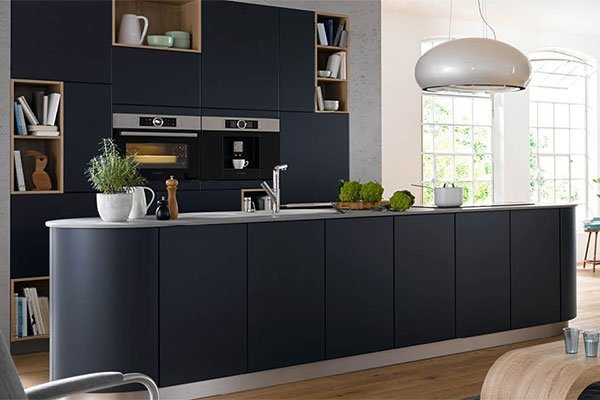dunkelblaue runde designkueche
