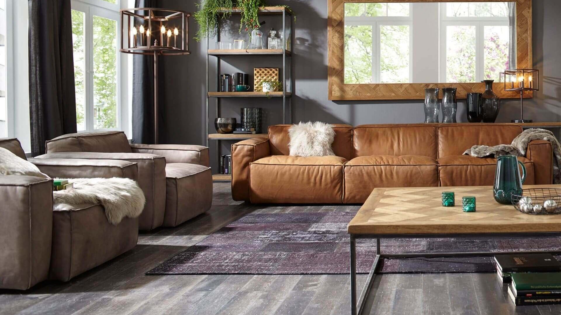 Wohnzimmer mit zwei braunen Sofas