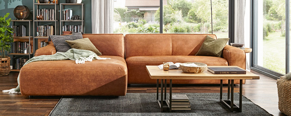 Wohnlandschaft Natura Denver, braunes Leder, großer Longchair