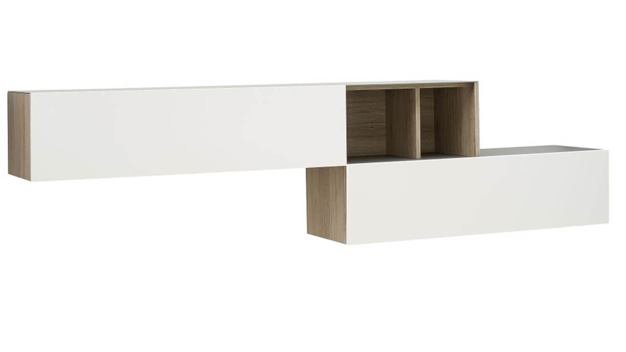 Hängesideboard Raumfreunde Niba mit weißen Fronten und Absetzungen in Eiche - Ausstellungsstück im Abverkauf