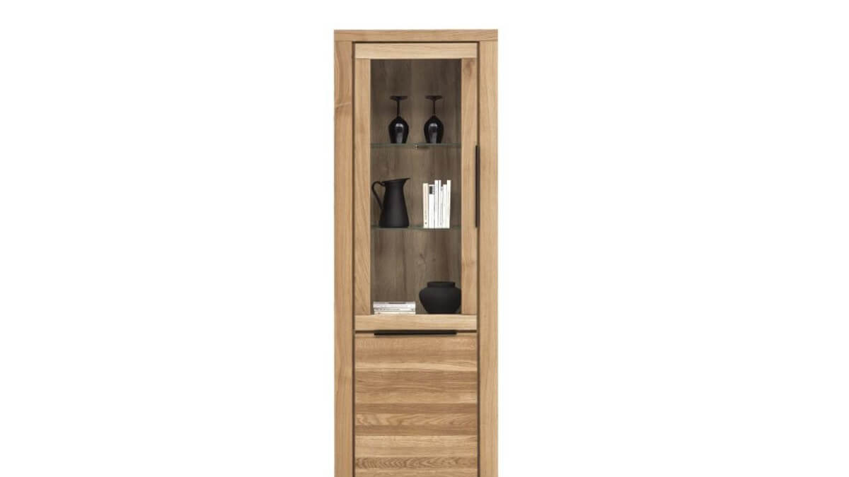 Vitrine Eltia von Viva in Eiche teilmassiv mit einer großen Glastüre und einer Holztüre