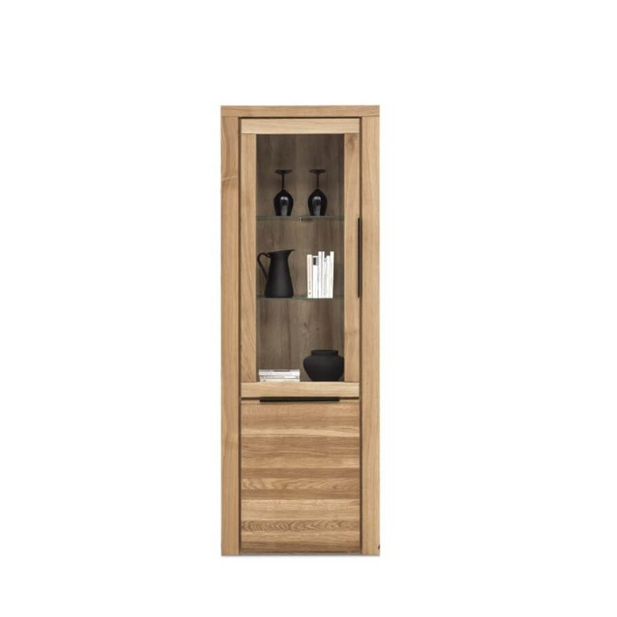 Vitrine Eltia von Viva in Eiche teilmassiv mit einer großen Glastüre und einer Holztüre