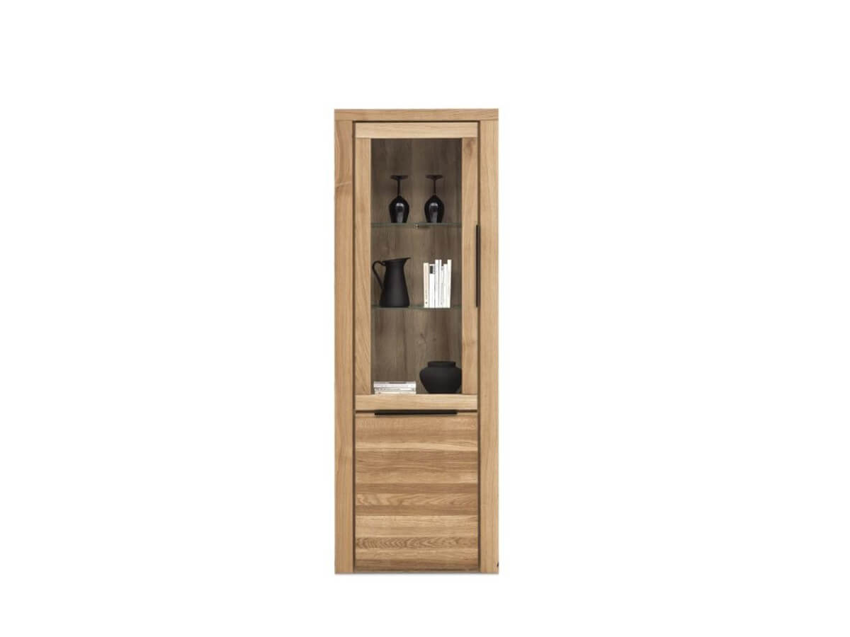 Vitrine Eltia von Viva in Eiche teilmassiv mit einer großen Glastüre und einer Holztüre