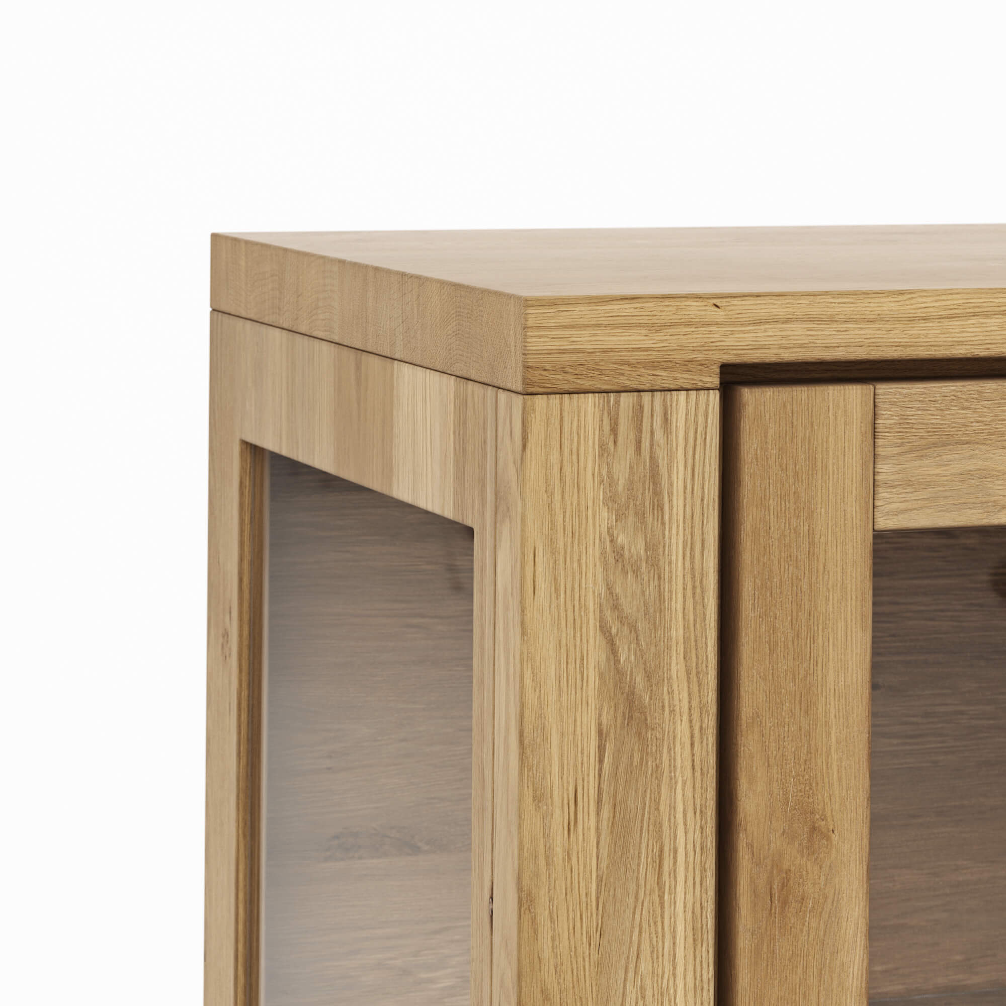 Vitrine Bakersfield von Natura Home aus massiver Asteiche, geölt. Mit Schublade und Türen mit Glaseinsatz.