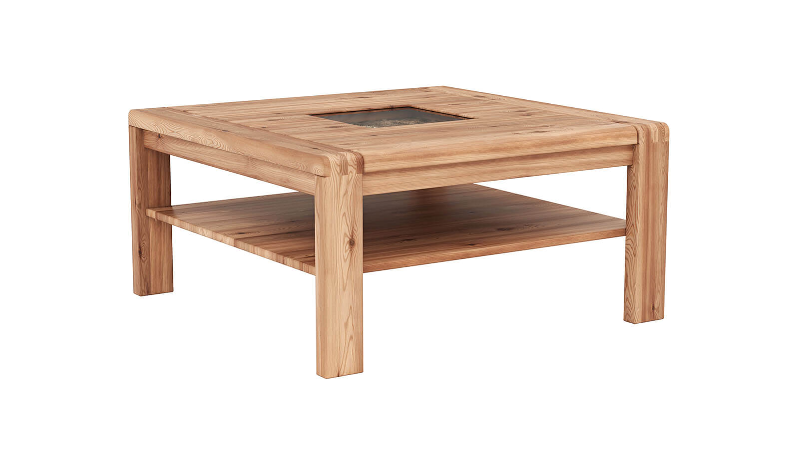 Quadratischer Couchtisch Cartago Soft aus Massivholz mit Korkakzent unter Klarglas und praktischer Ablage im gemütlichen Wohnzimmer