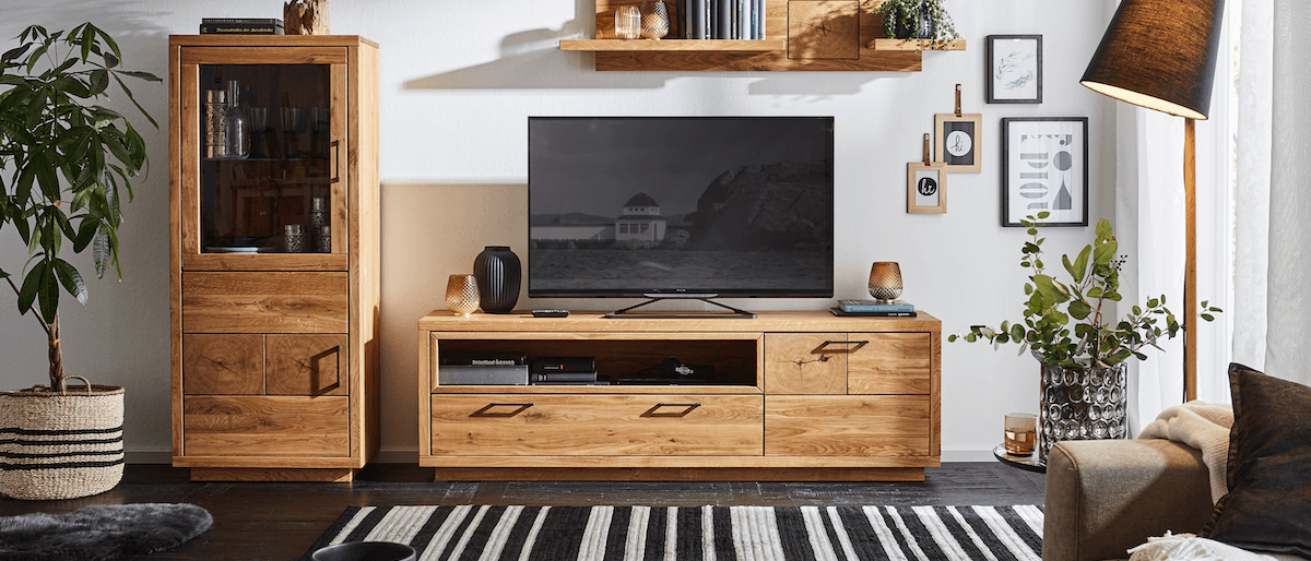 Sideboard, Highboard Hartford - Eiche massiv, mit Hirnholzapplikation