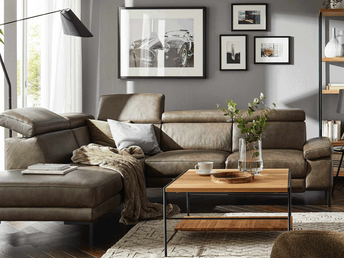 Ecksofa Hudson - Ecke links mit 2,5-Sitzer inkl. Kopfteil verstellbar und Sitzvorzug/Relaxfunktion (motorisch), Leder, Braungrün von Natura Home