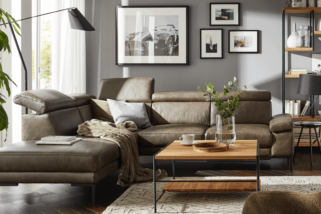 Ecksofa Hudson - Ecke links mit 2,5-Sitzer inkl. Kopfteil verstellbar und Sitzvorzug/Relaxfunktion (motorisch), Leder, Braungrün von Natura Home