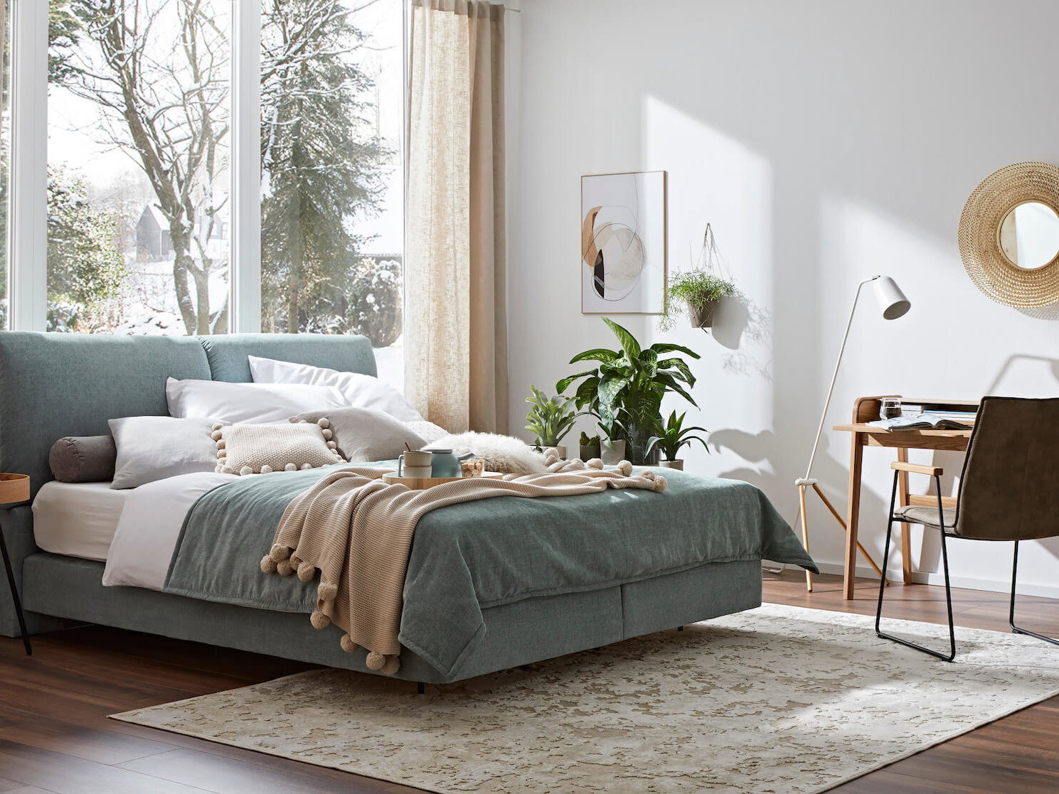 Boxspringbett Alpin von Natura Home, Variante in grau grün mit gepolstertem Kopfteil