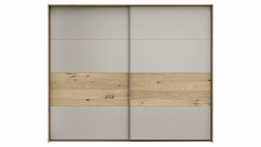 Schwebetürenschrank Viana - B ca. 248 cm, Furnier, Balkeneiche, Hellgrau