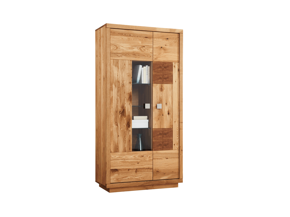 Vitrine Wisconsin von Natura Home, Wildeiche massiv, mit Hirnholzapplikationen und Glaseinsatz