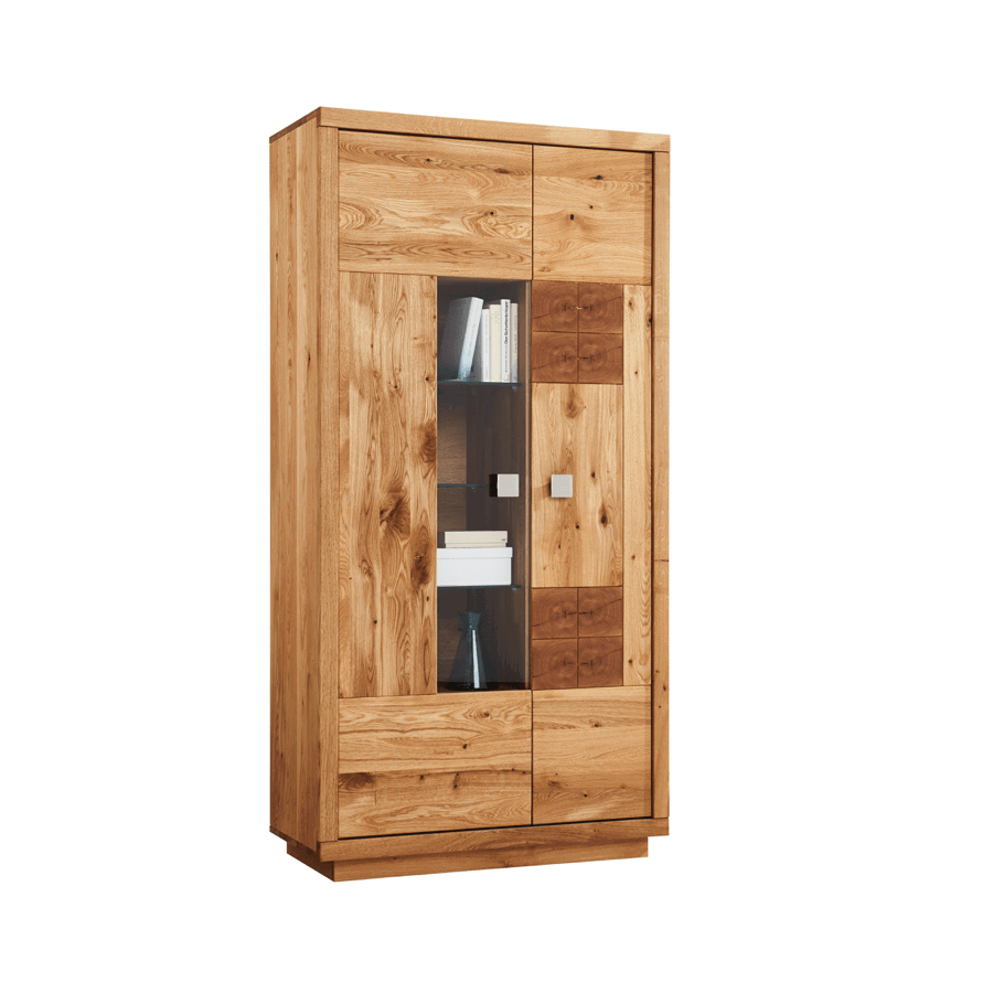 Vitrine Wisconsin von Natura Home, Wildeiche massiv, mit Hirnholzapplikationen und Glaseinsatz