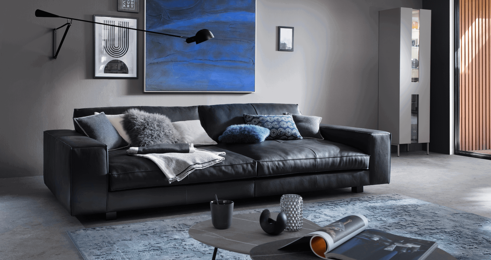 Sofa Aprino 1 - 4-Sitzer XXL, Leder, Schwarz, Armlehne Block