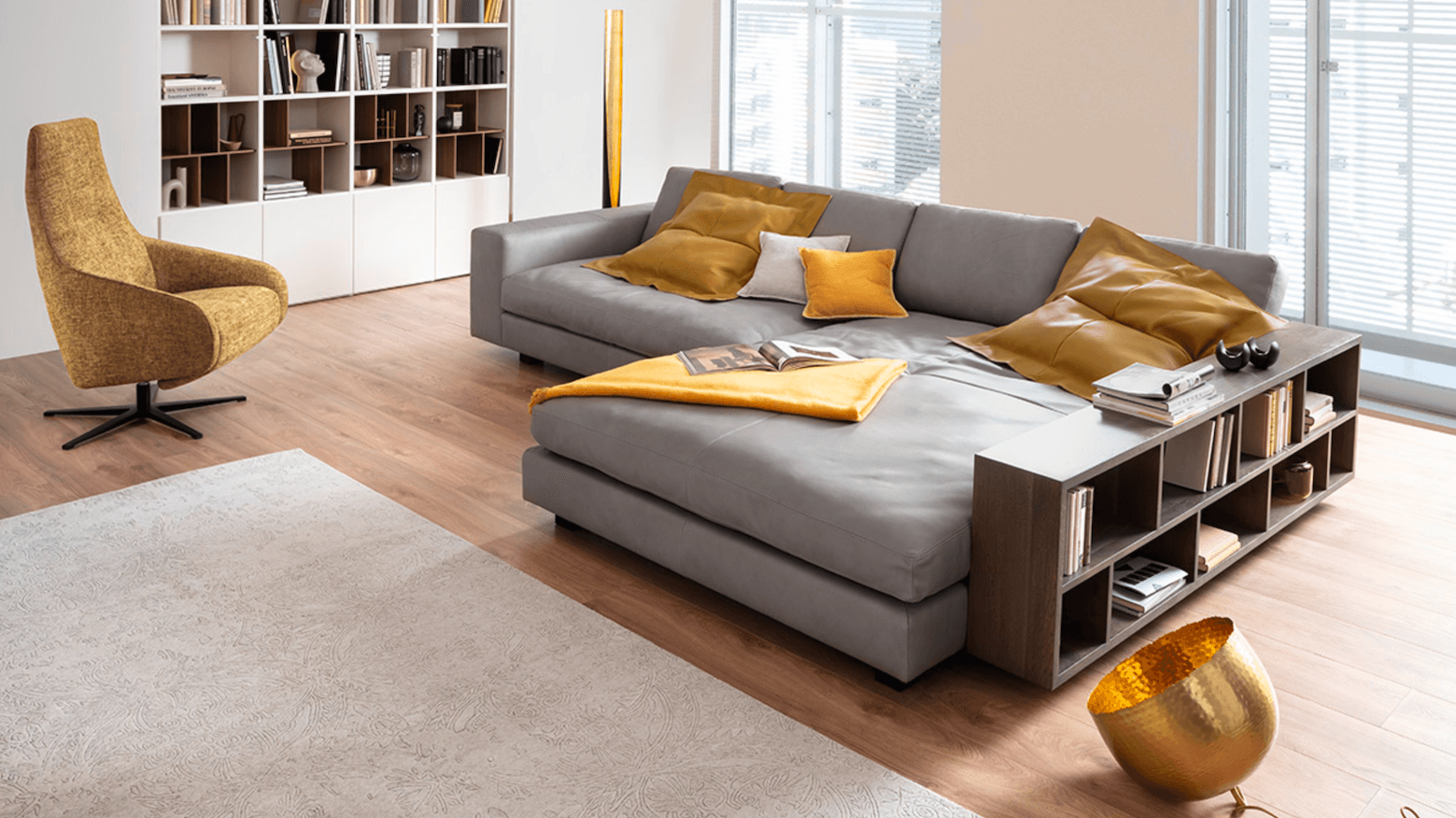 Ecksofa Aprino 1 - 2,5-Sitzer mit Longchair rechts, Leder, Grau