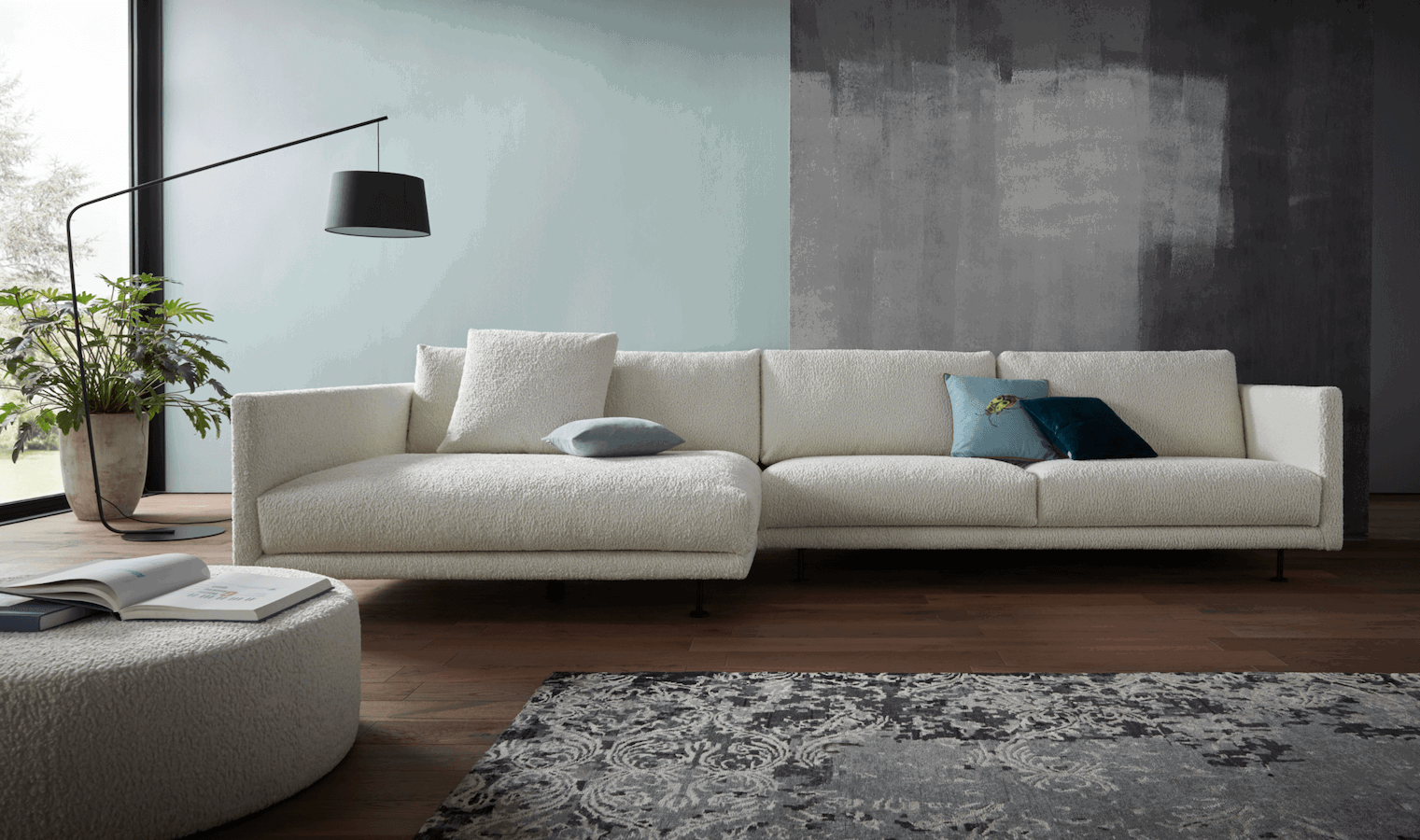 Ecksofa Cuneo - Longchair links, 2-Sitzer, Velour, Creme