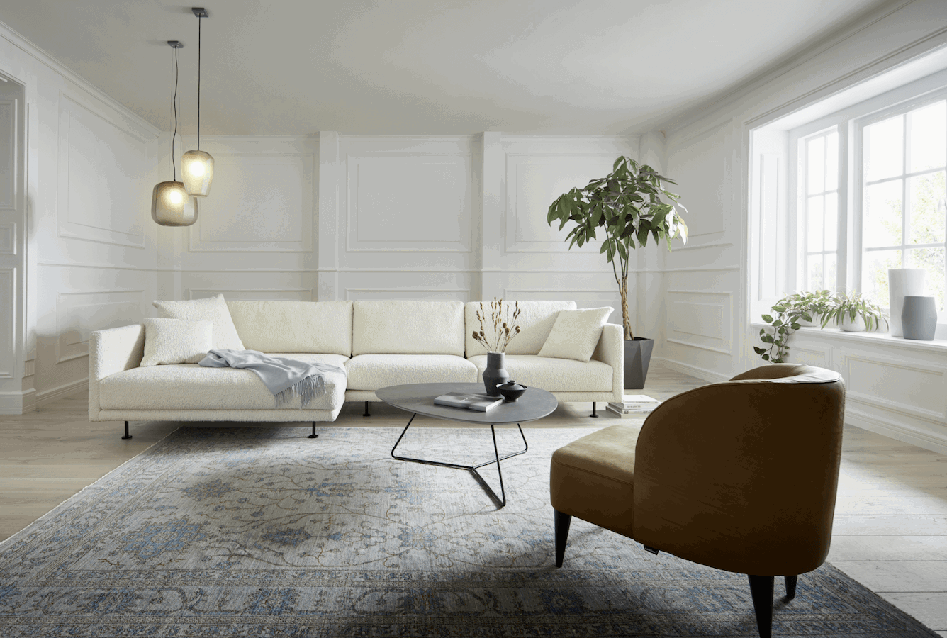 Ecksofa Cuneo - Longchair links, 2-Sitzer, Velour, Creme