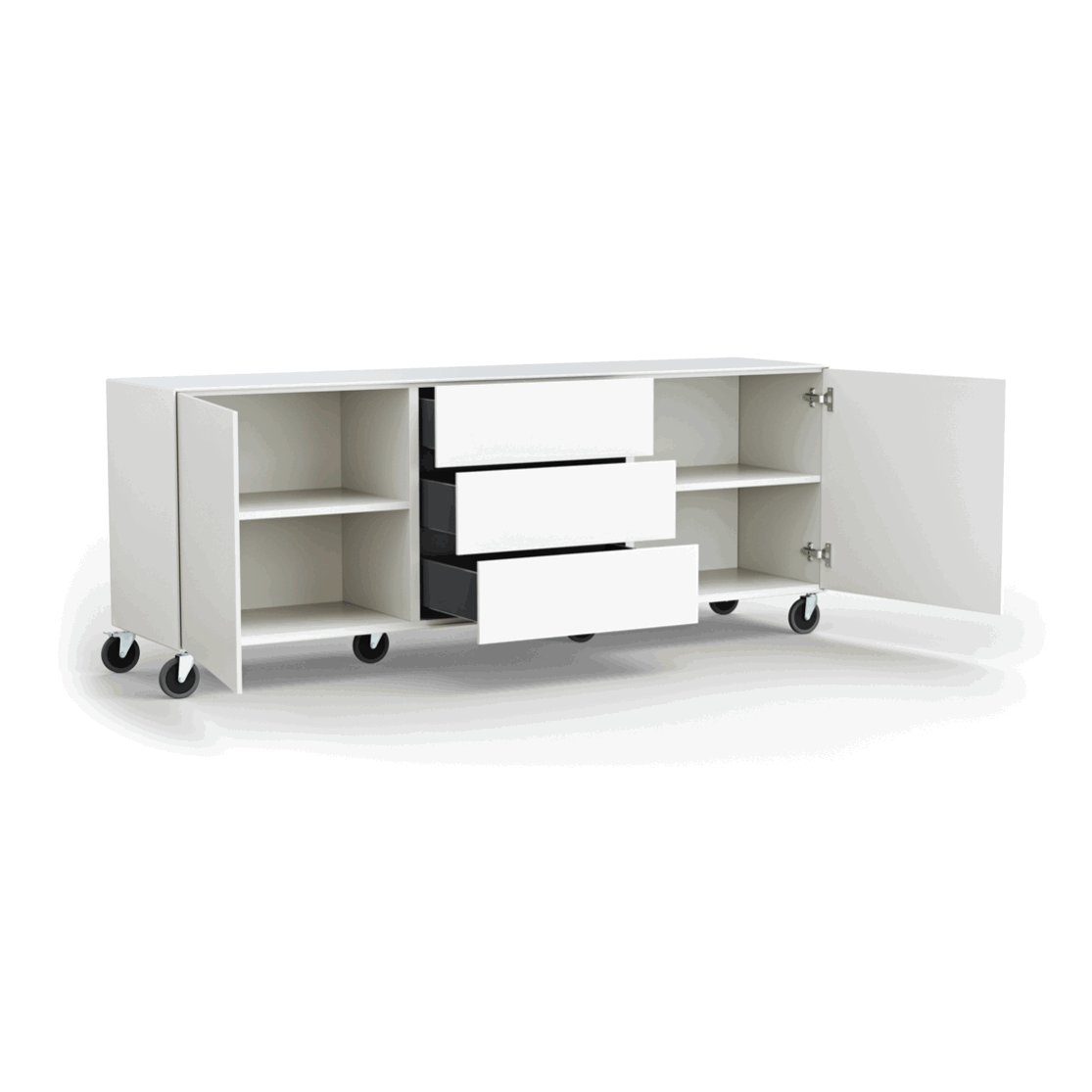 Sideboard Henri von Raum.Freunde in weißem Lack, mit Rollen
