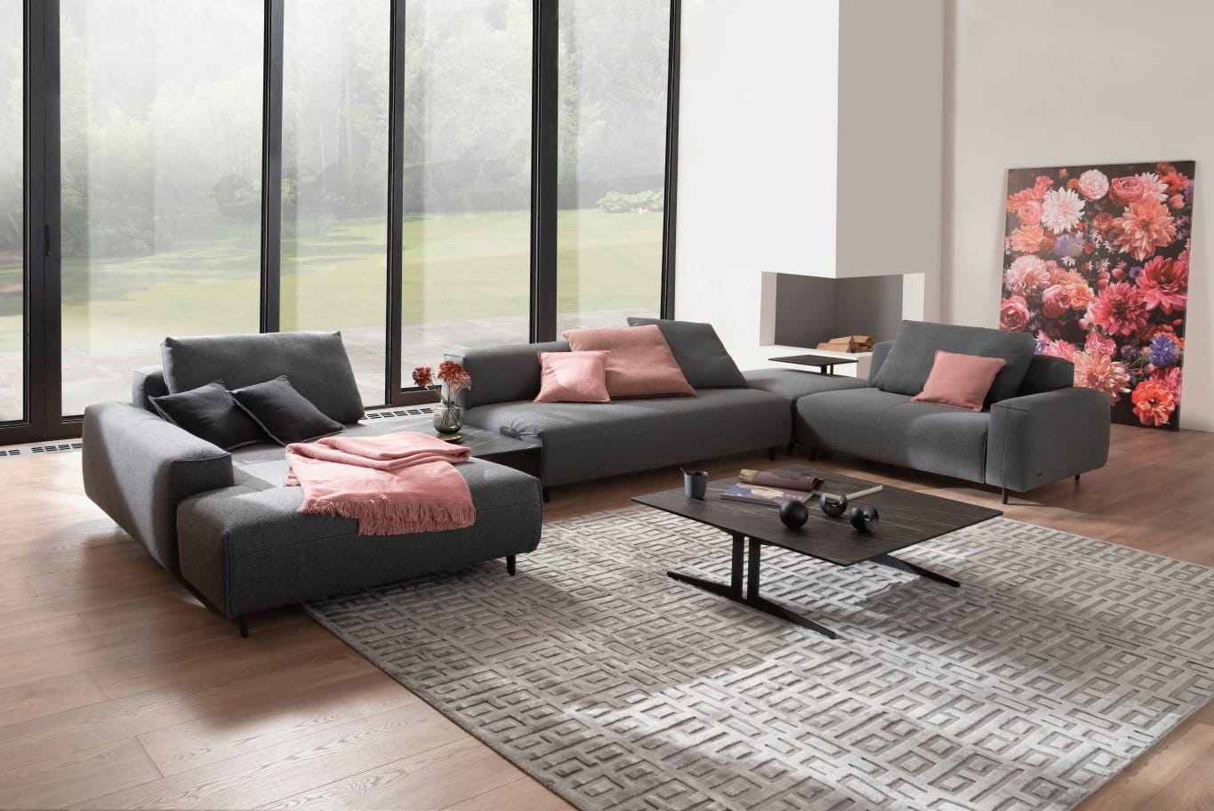 Wohnlandschaft-Atri-Longchair-links-mit-2-Sitzer-und-Ecke-rechts-Stoff-Grau