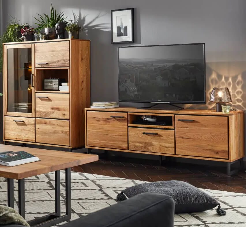 Wohnwand Massivholz mit Lowboard und Highboard