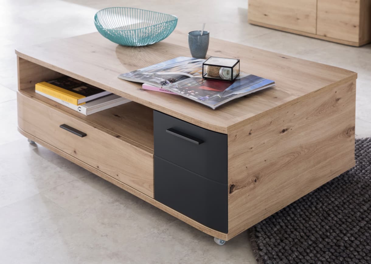 Couchtisch aus Holz mit Schubladen und Rollen aus hochwertigen Materialien
