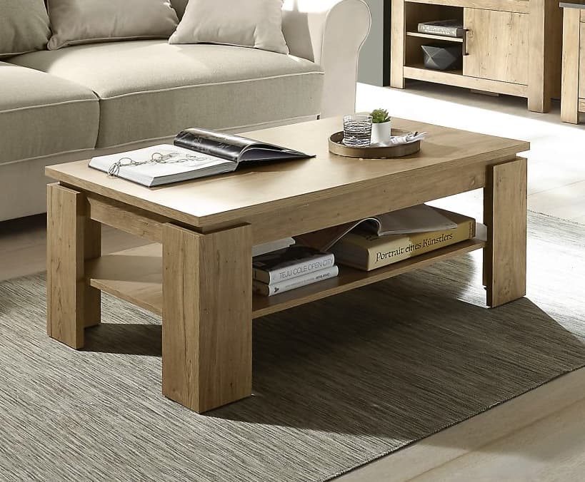 Couchtisch aus hellem Holzwerkstoff mit zus&auml;tzlicher Ablage