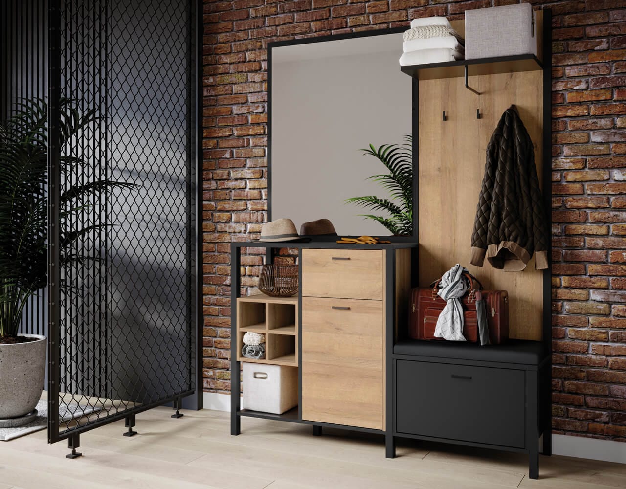Garderobe schwarz Holz, moderne Garderobe mit Holzelementen, schwarze Garderobe mit Holzelementen,