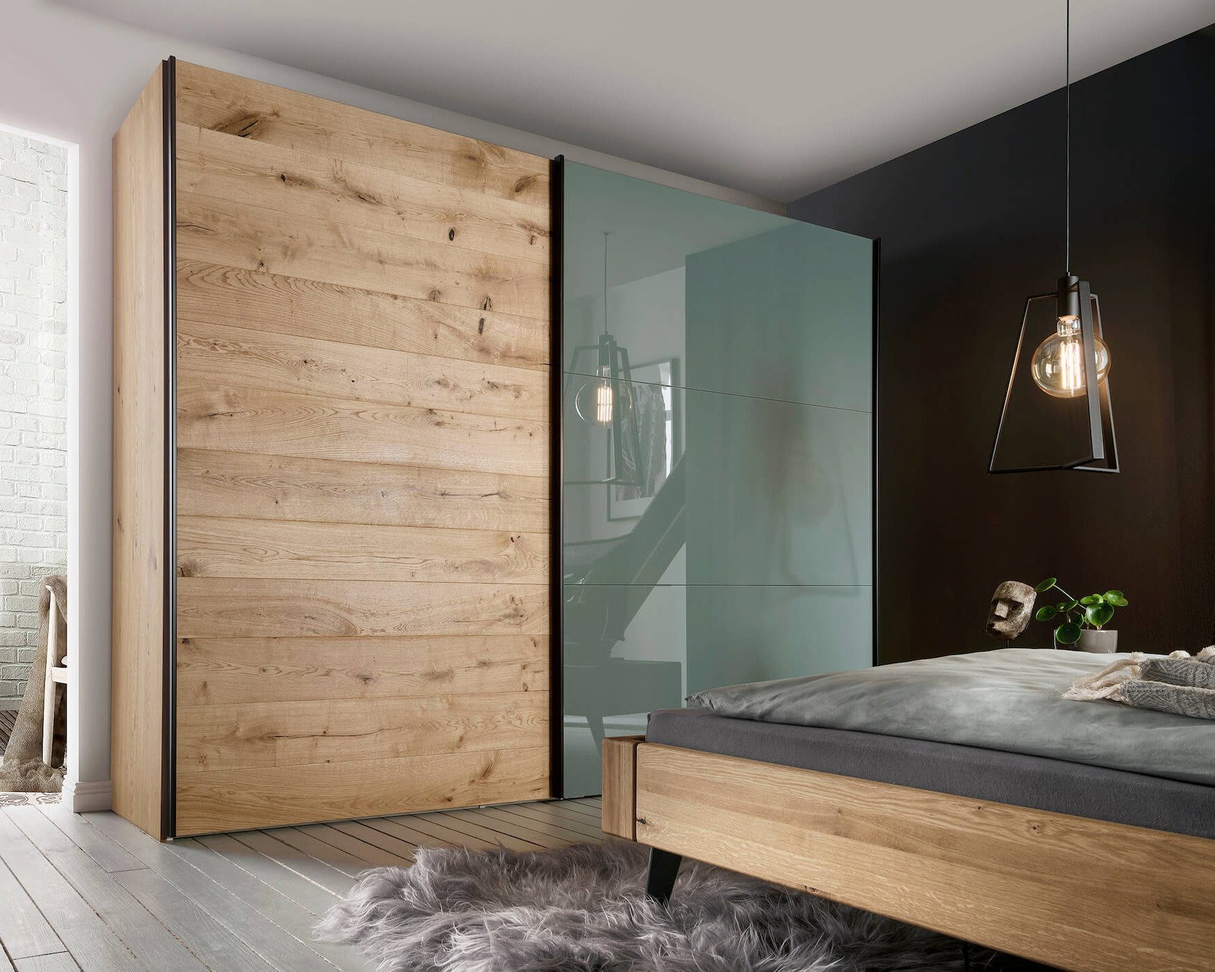 Schwebetürenschrank Colorado - B. ca. 257 cm, Eiche, Glas Graugrün, Natura Home