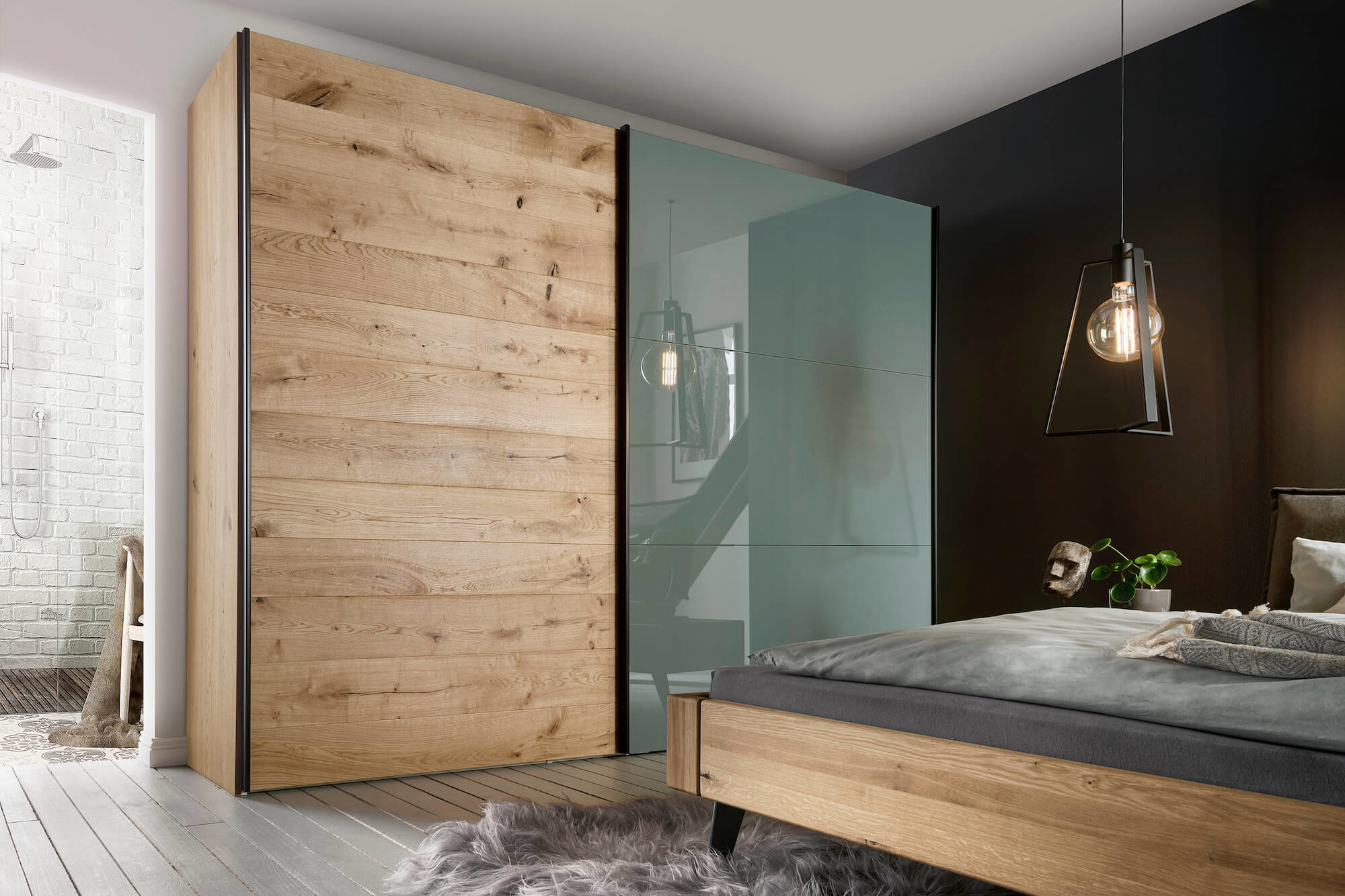 Schwebetürenschrank Colorado - B. ca. 257 cm, Eiche, Glas Graugrün, Natura Home