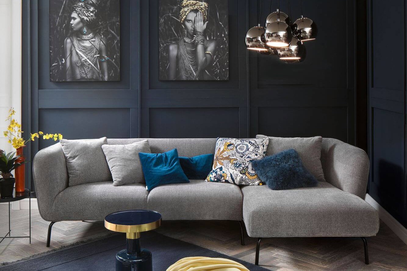 Ecksofa Lene von Raum.Freunde, graues Flachgewebe, Long-Chair links oder rechts