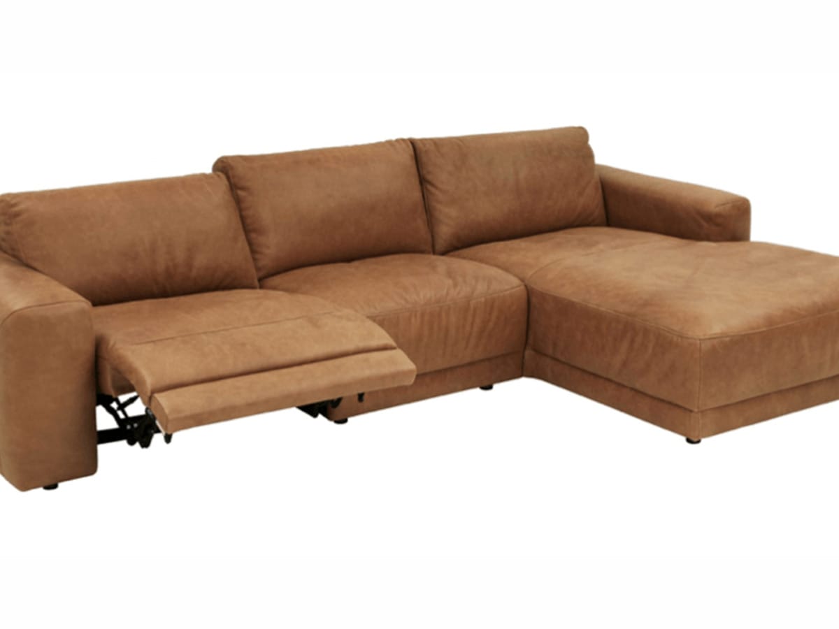 Ecksofa Balok - 2,5-Sitzer, Longchair groß rechts, Relaxfunktion (motorisch), Leder, Cognac von Styles United