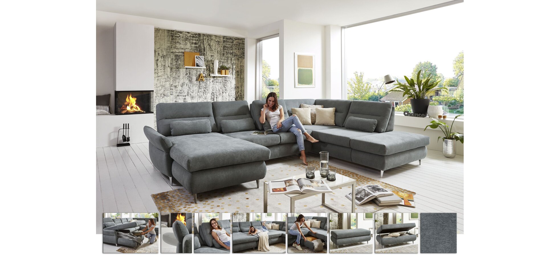 Wohnlandschaft - Longchair links mit 2,5-Sitzer und Ecke rechts, inkl. Sitztiefe verstellbar, Stoff Grau – Bild 2