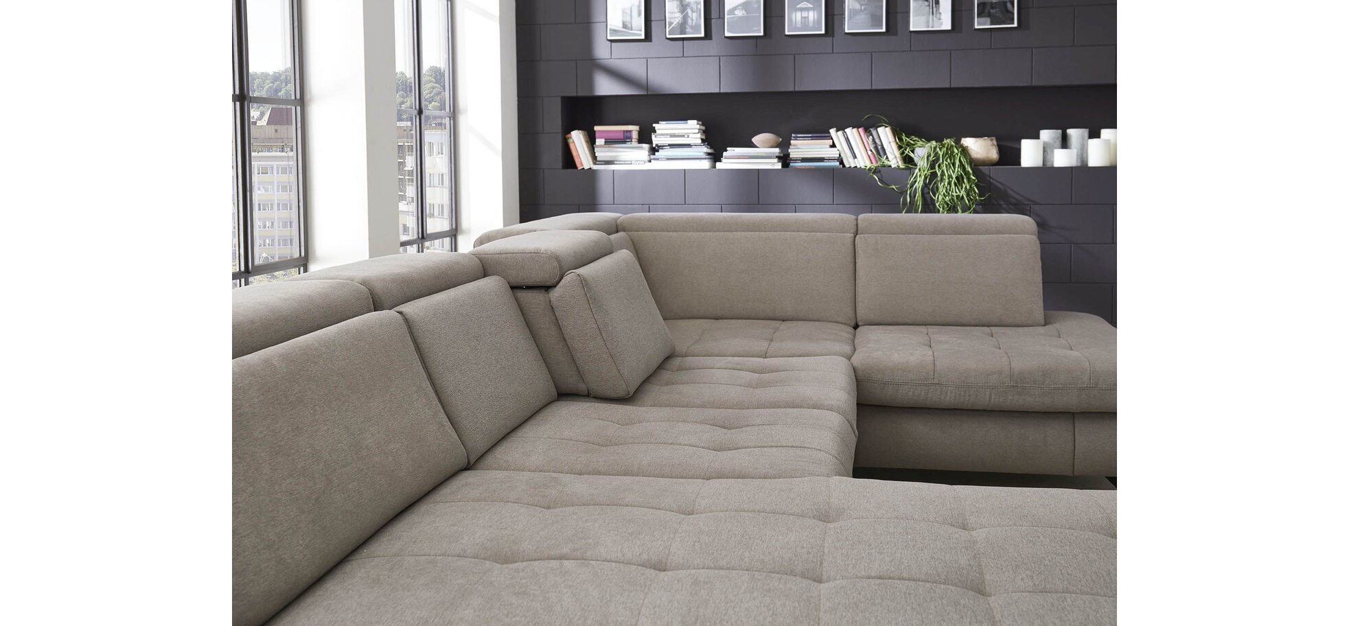 Wohnlandschaft - Longchair links mit 2,5-Sitzer und Ecke rechts, Sitztiefe verstellbar, Stoff, Granit – Bild 3