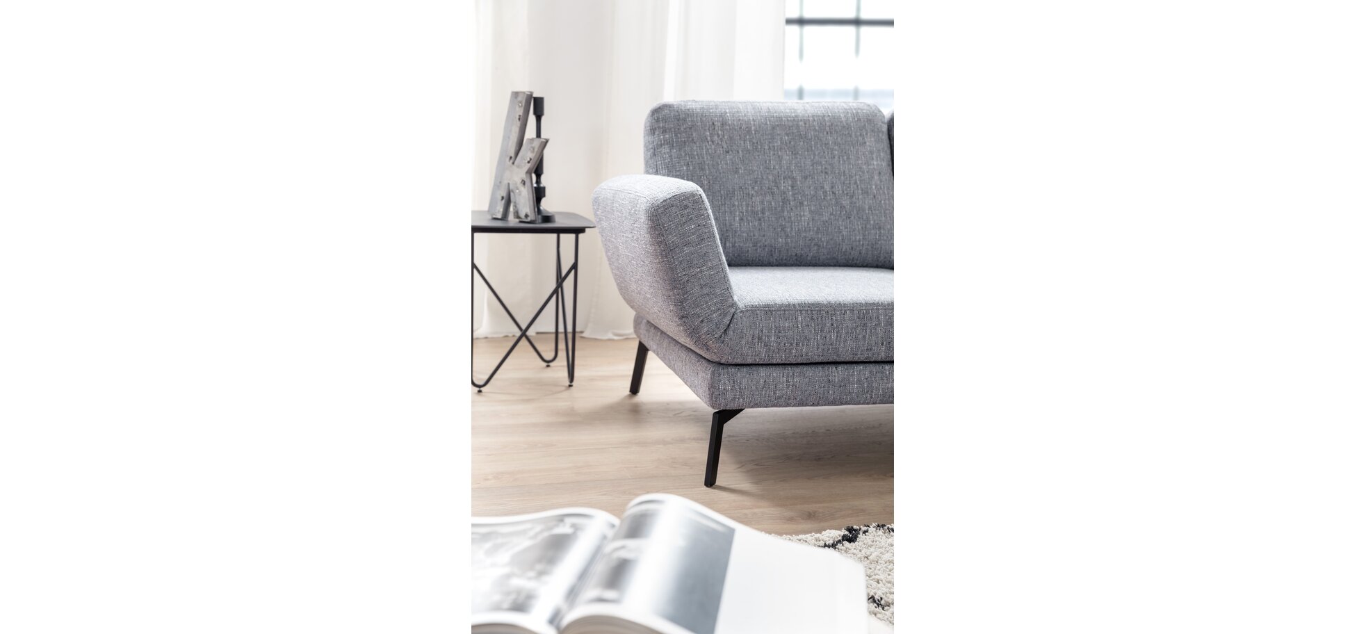 Ecksofa - 2-Sitzer mit Ecke rechts, Rückenlehne/Armlehne verstellbar (manuell), Drehsitz (manuell), Flachgewebe, Graublau – Bild 5