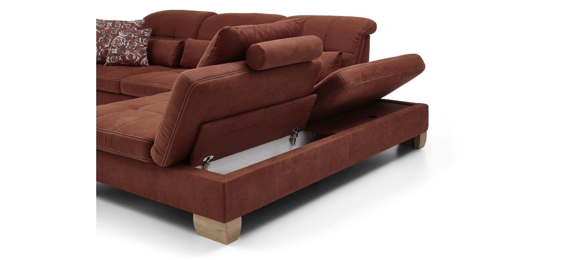 Ecksofa - 3-Sitzer mit Longchair rechts, inkl. Kopfteil/Armlehne verstellbar, Stoff, Rubin – Bild 4