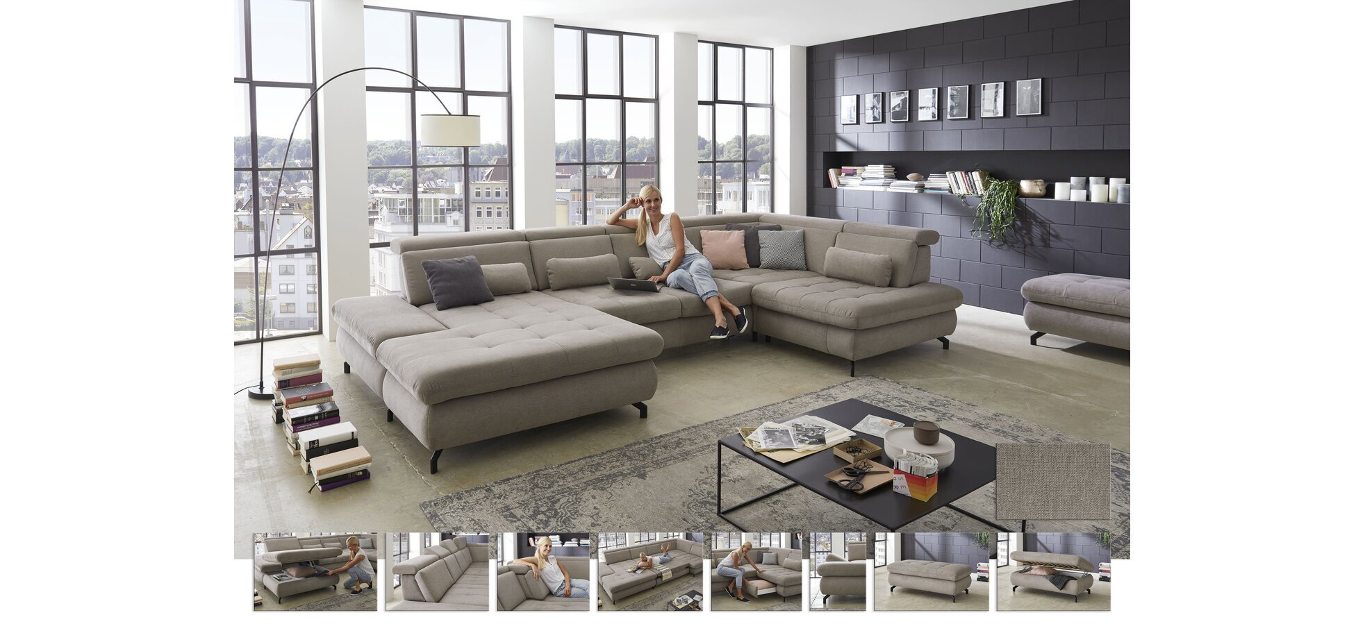 Wohnlandschaft - Longchair links mit 2,5-Sitzer und Ecke rechts, Sitztiefe verstellbar, Stoff, Granit – Bild 2
