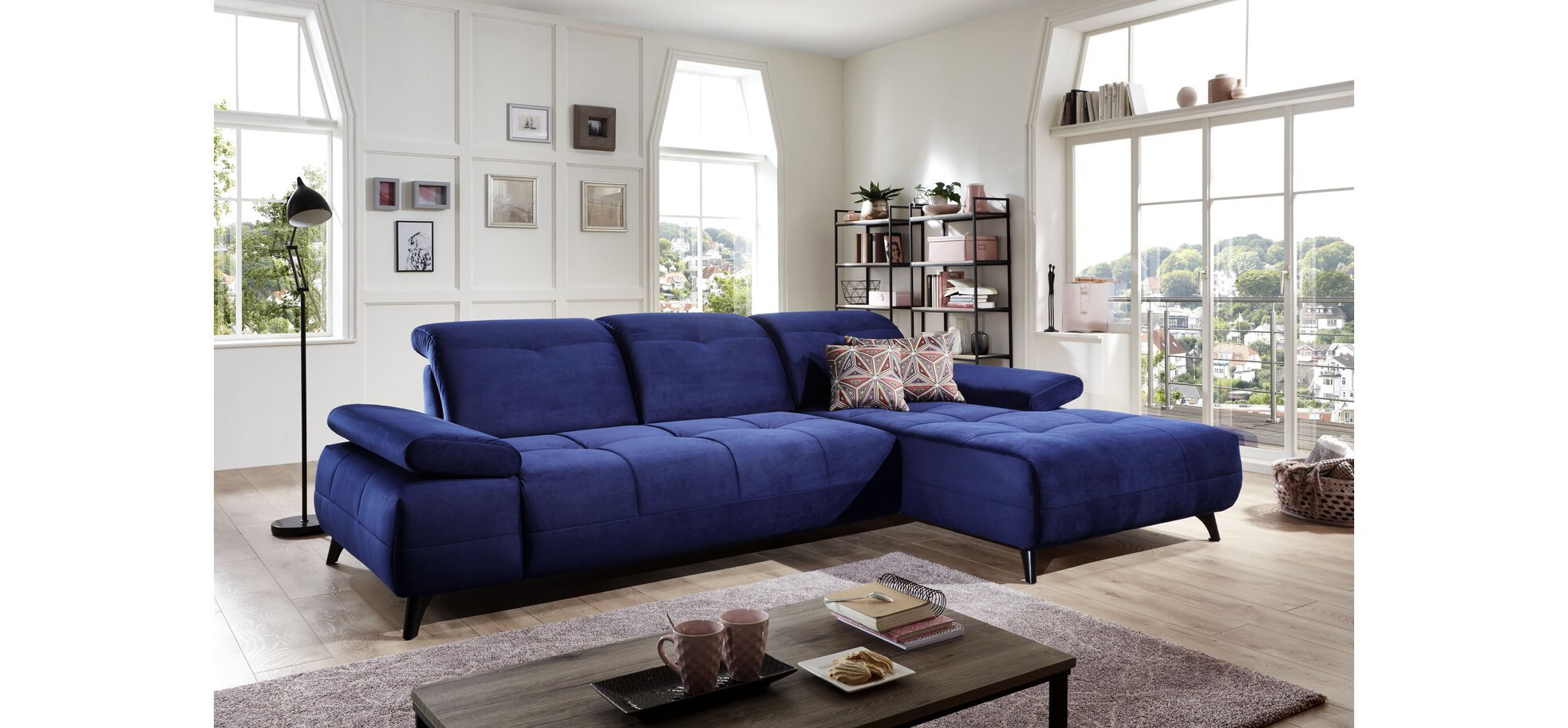 Sofa - 3-Sitzer mit Longchair rechts inkl. Schwenkrücken, Stoff, Blau – Bild 2