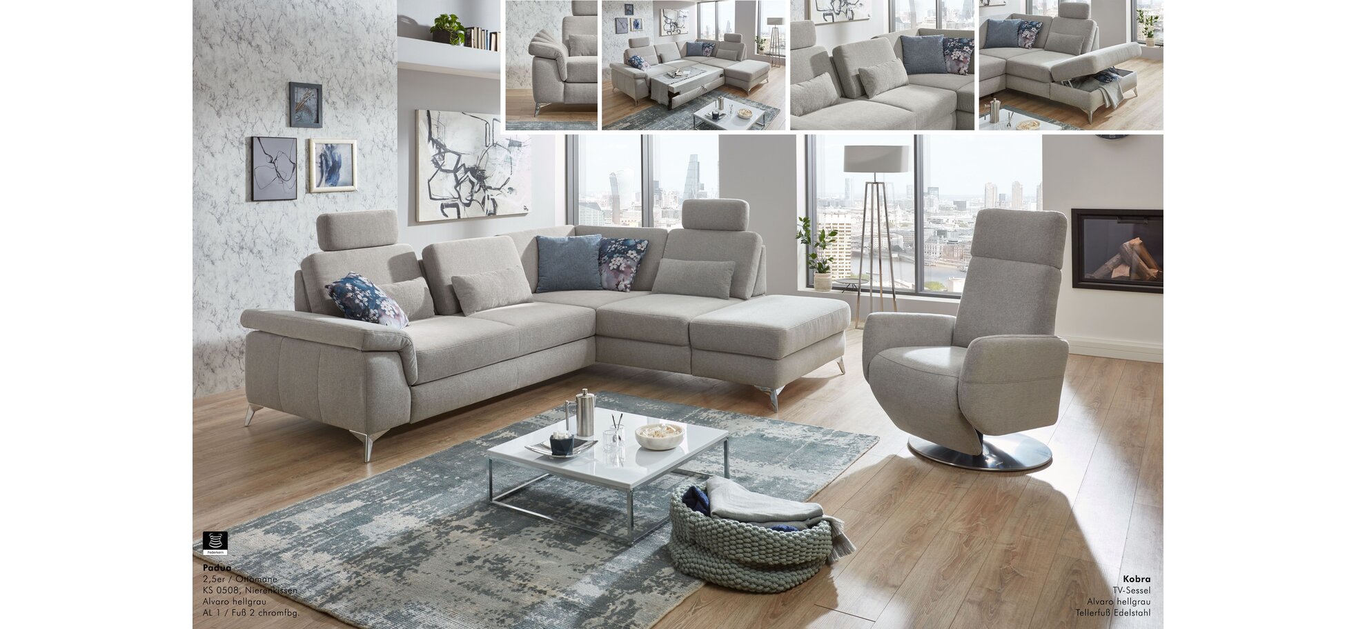 Ecksofa - 2,5-Sitzer mit Ecke rechts, Sitztiefe verstellbar (manuell), Chenilleflachgeweber, Hellgrau – Bild 2