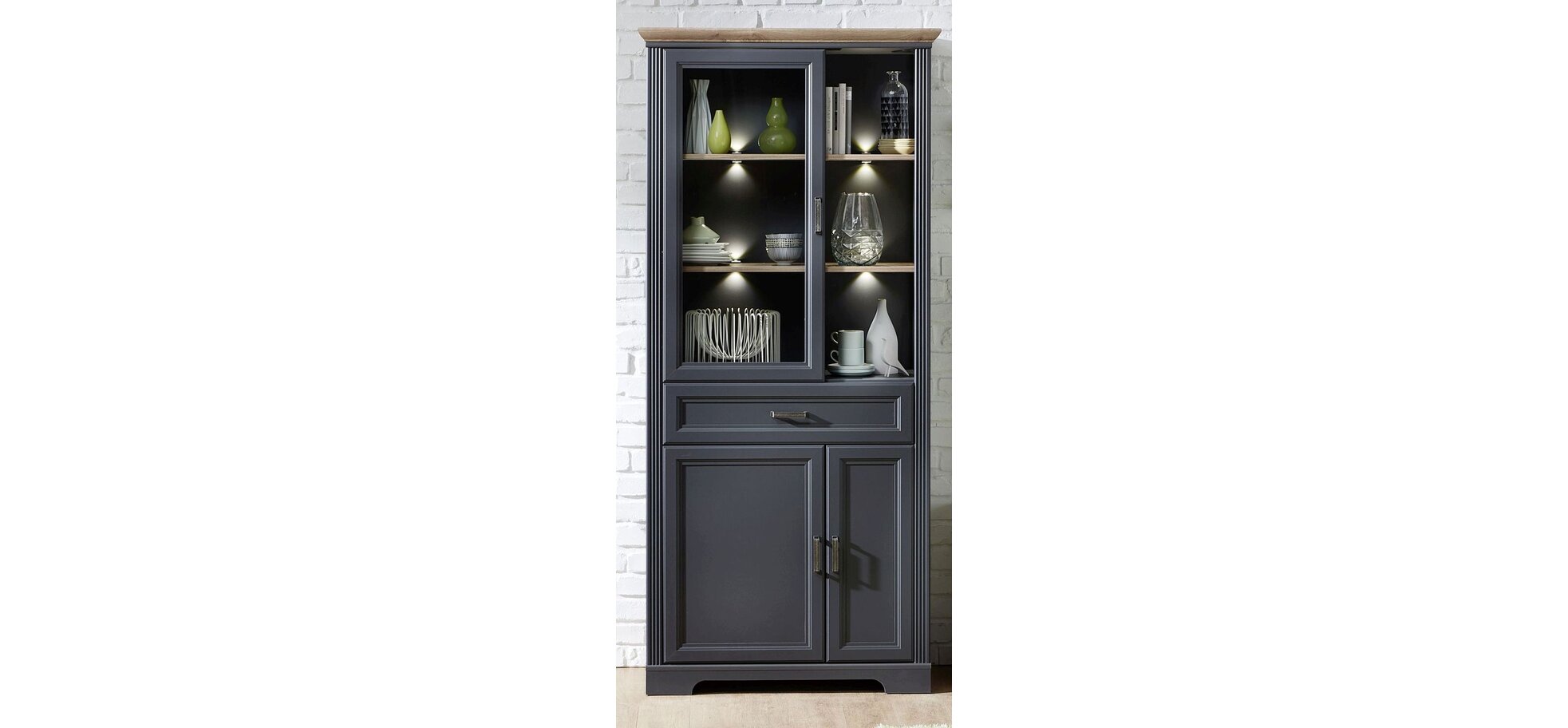 Vitrine - mit Beleuchtung, Graphit, Eiche Dekor
