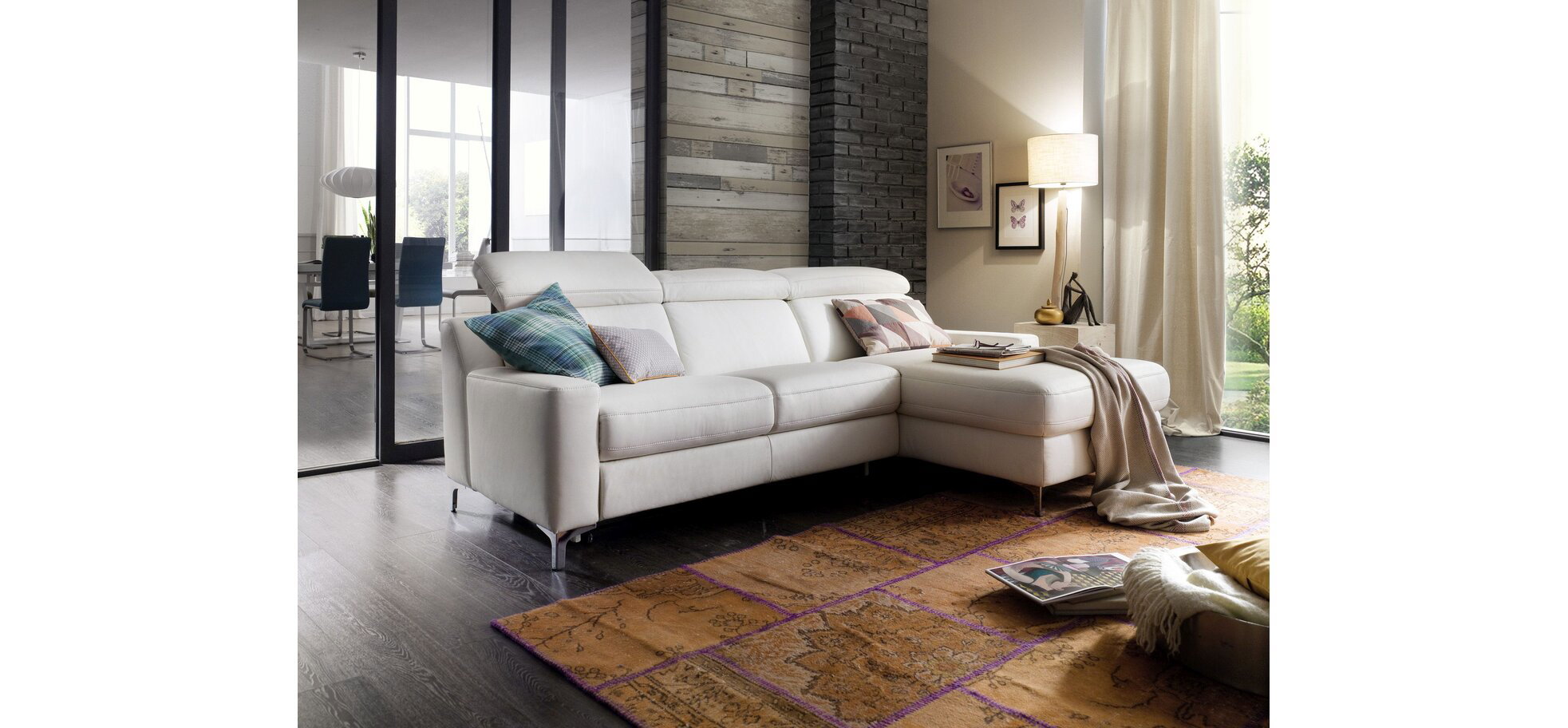 Ecksofa - 2,5 Sitzer mit Longchair inkl. Kopfteilverstellung, Leder, Weiß – Bild 2