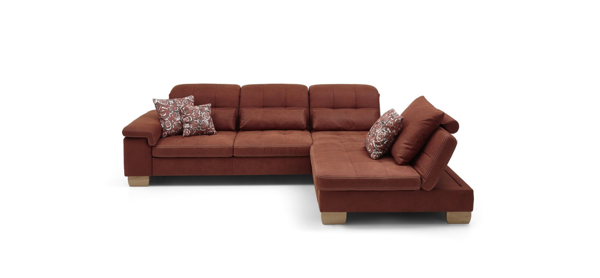 Ecksofa - 3-Sitzer mit Longchair rechts, inkl. Kopfteil/Armlehne verstellbar, Stoff, Rubin