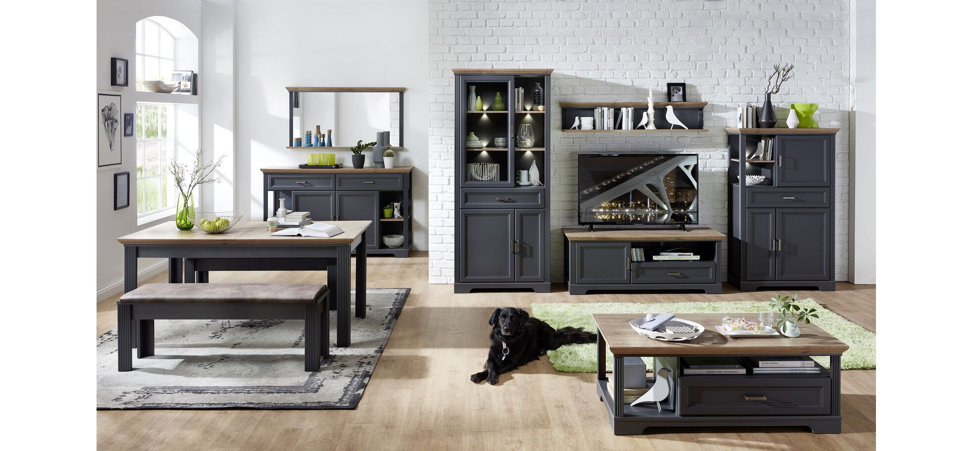 Vitrine - mit Beleuchtung, Graphit, Eiche Dekor – Bild 3