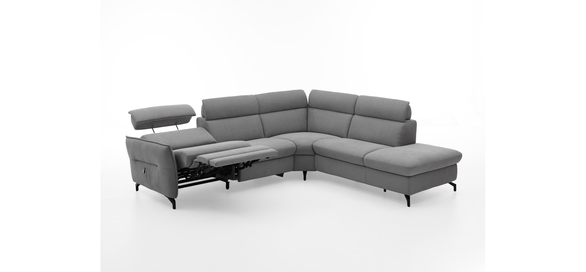 Ecksofa - 2-Sitzer mit Ecke rechts, Kopfstütze/Armlehne verstellbar (manuell), Relaxfunktion (motorisch), Webstoff, Hellgrau