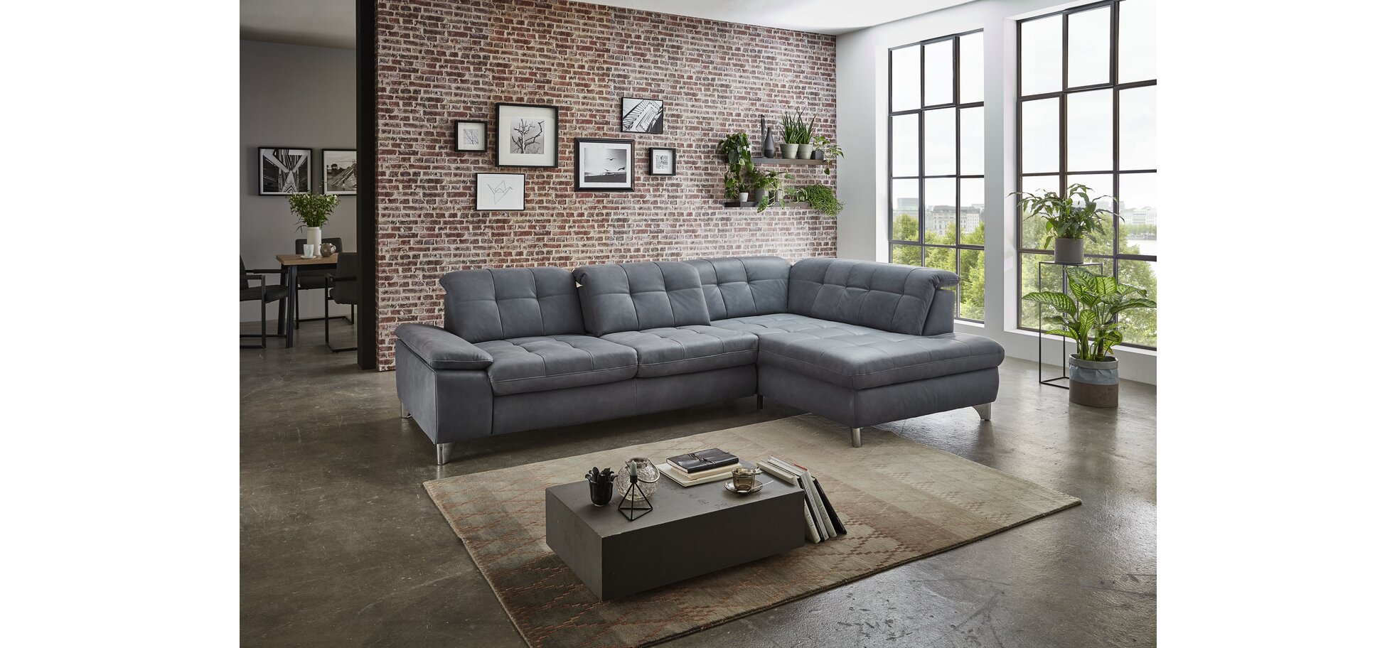 Ecksofa - 3-Sitzer mit Ecke rechts, Sitztiefe verstellbar (mauell), Leder, Eisengrau – Bild 2