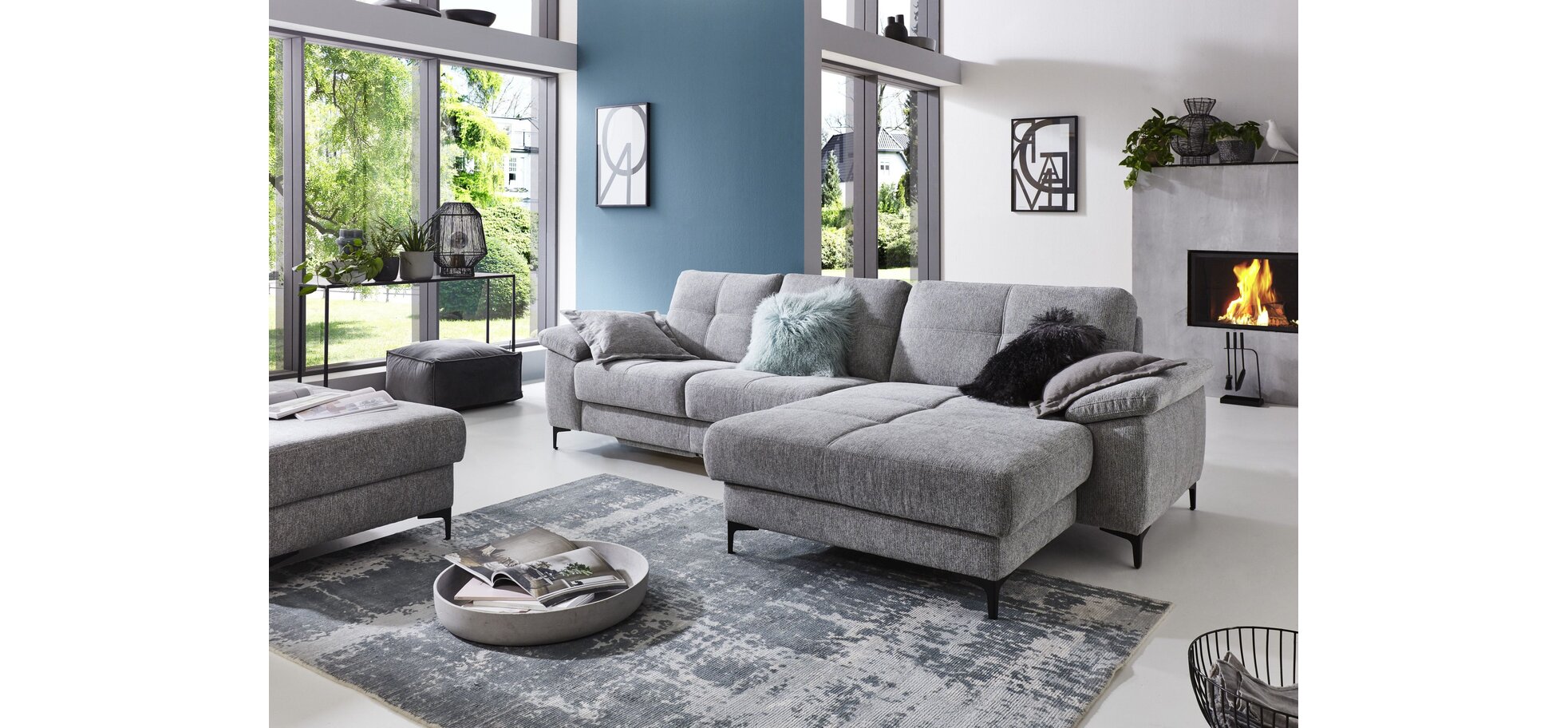 Ecksofa - 2,5-Sitzer mit Longchair rechts, Flachgewebe, Grau – Bild 2