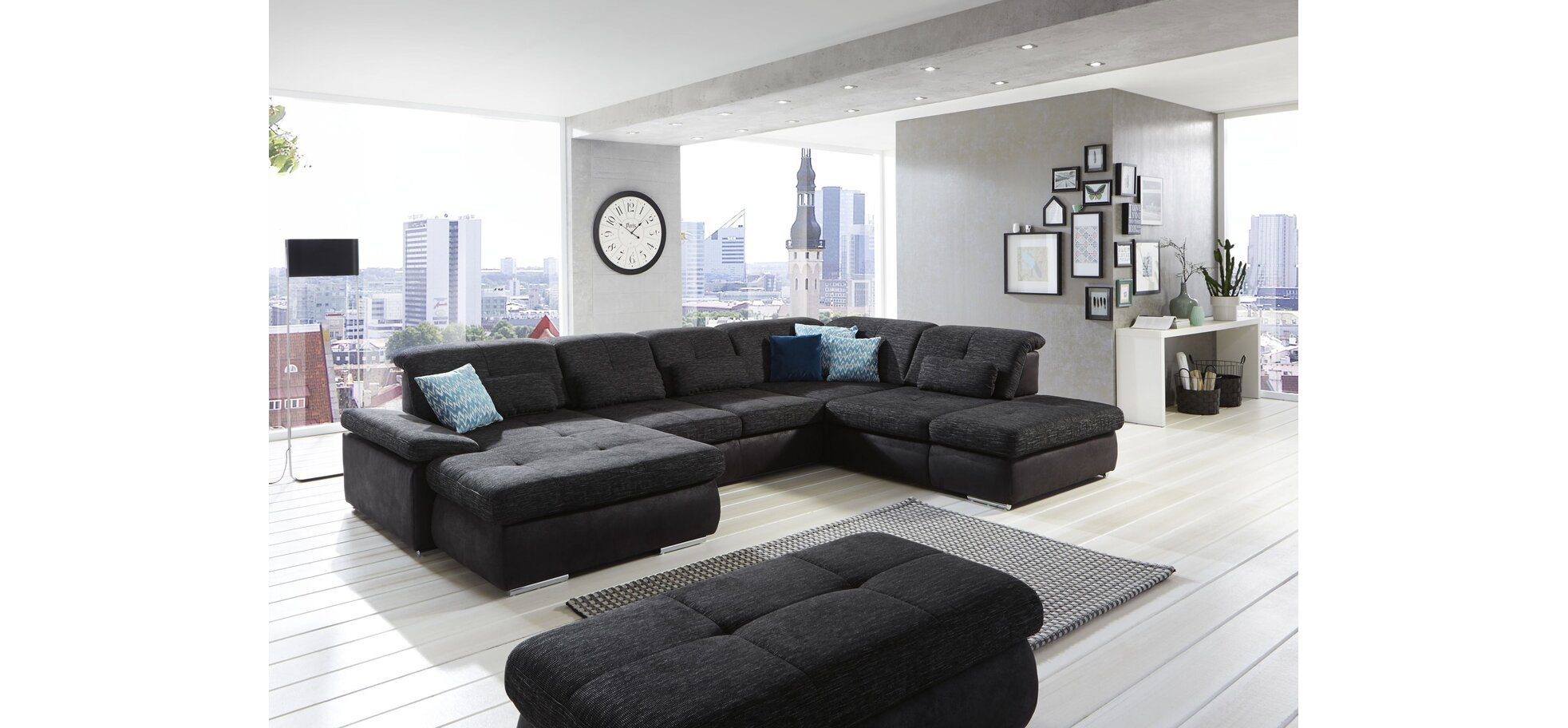 Wohnlandschaft - Longchair links mit 2,5-Sitzer und Ecke rechts, inkl. Sitztiefe verstellbar, Stoff, Schwarz/Anthrazit – Bild 2
