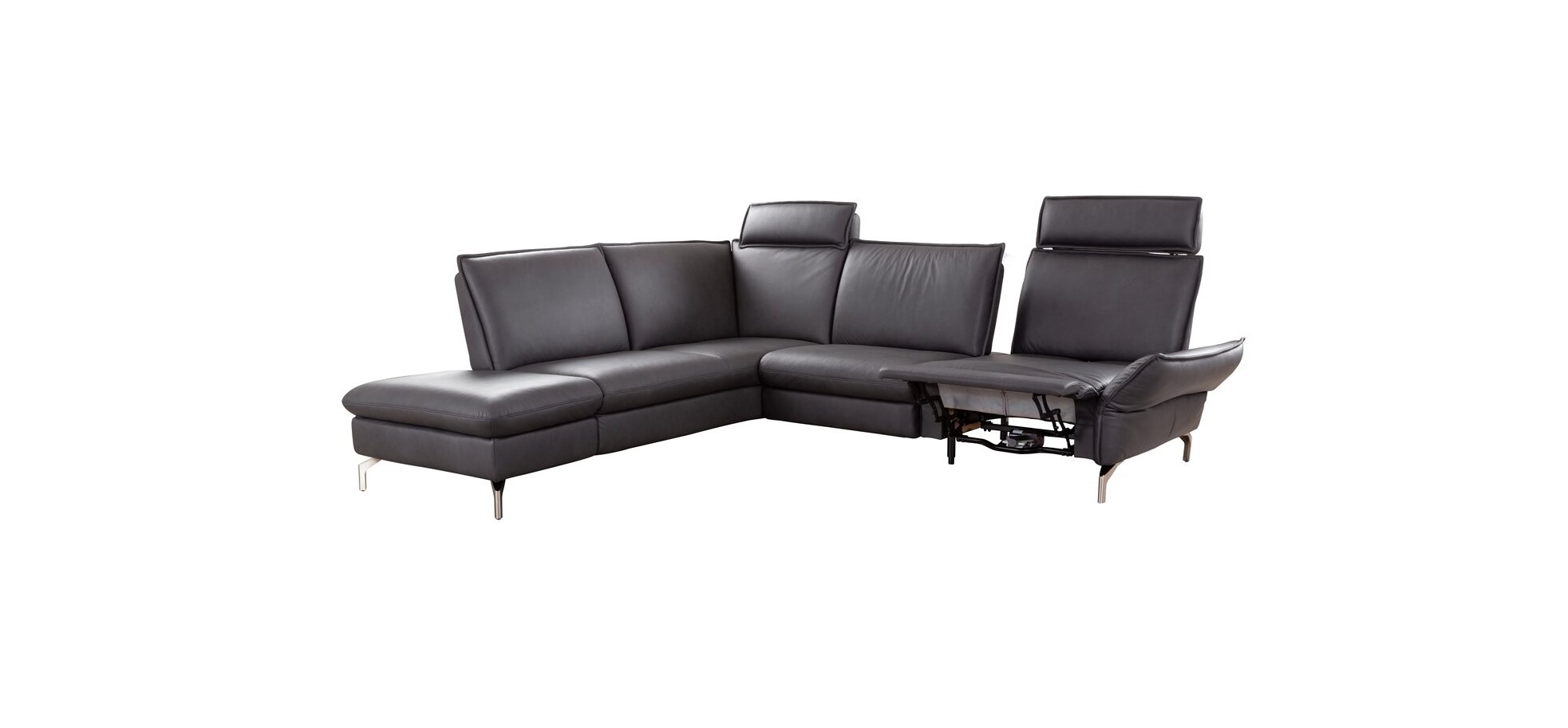 Ecksofa - 2-Sitzer mit Ecke links, Armlehne/Sitztiefe verstellbar (manuell), Fußteil verstellbar (motorisch), Leder, Anthrazit