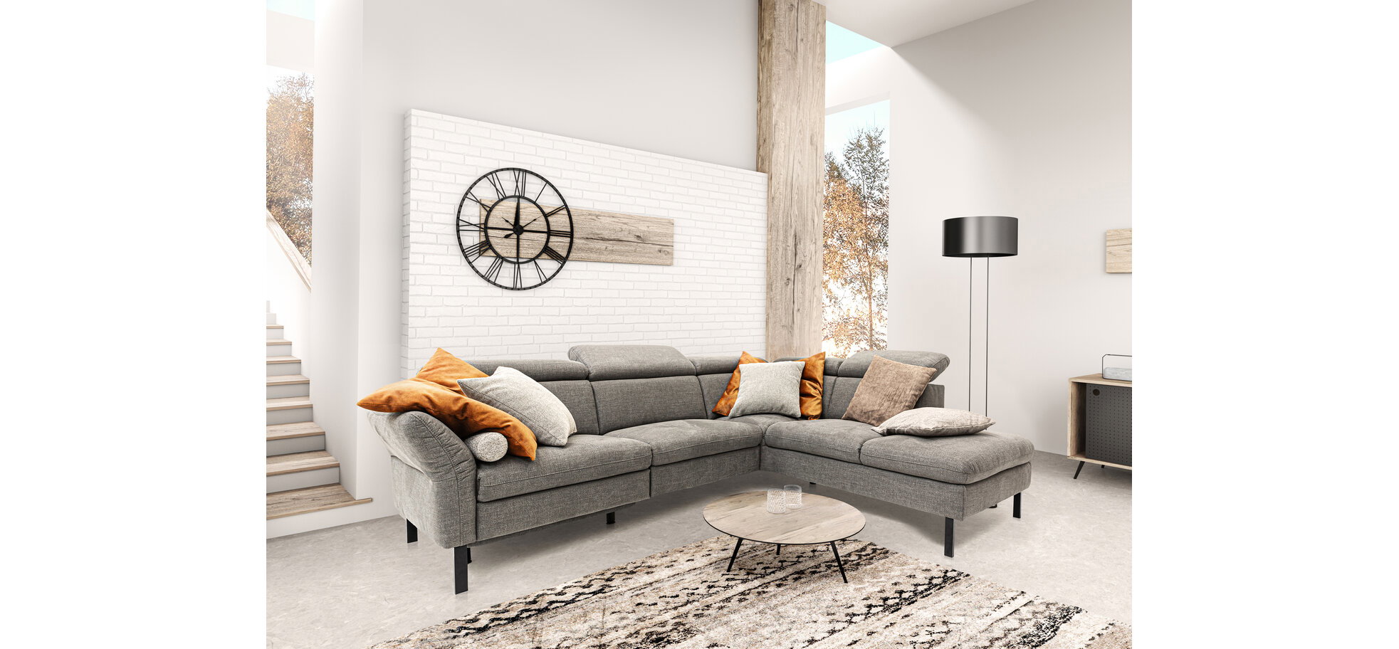 Ecksofa - 2,5-Sitzer mit Ecke rechts, Kopfstütze/Armlehne verstellbar (manuell), Webstoff, Dunkelgrau – Bild 2