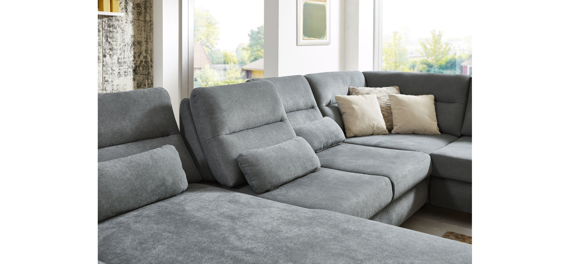 Wohnlandschaft - Longchair links mit 2,5-Sitzer und Ecke rechts, inkl. Sitztiefe verstellbar, Stoff Grau – Bild 3