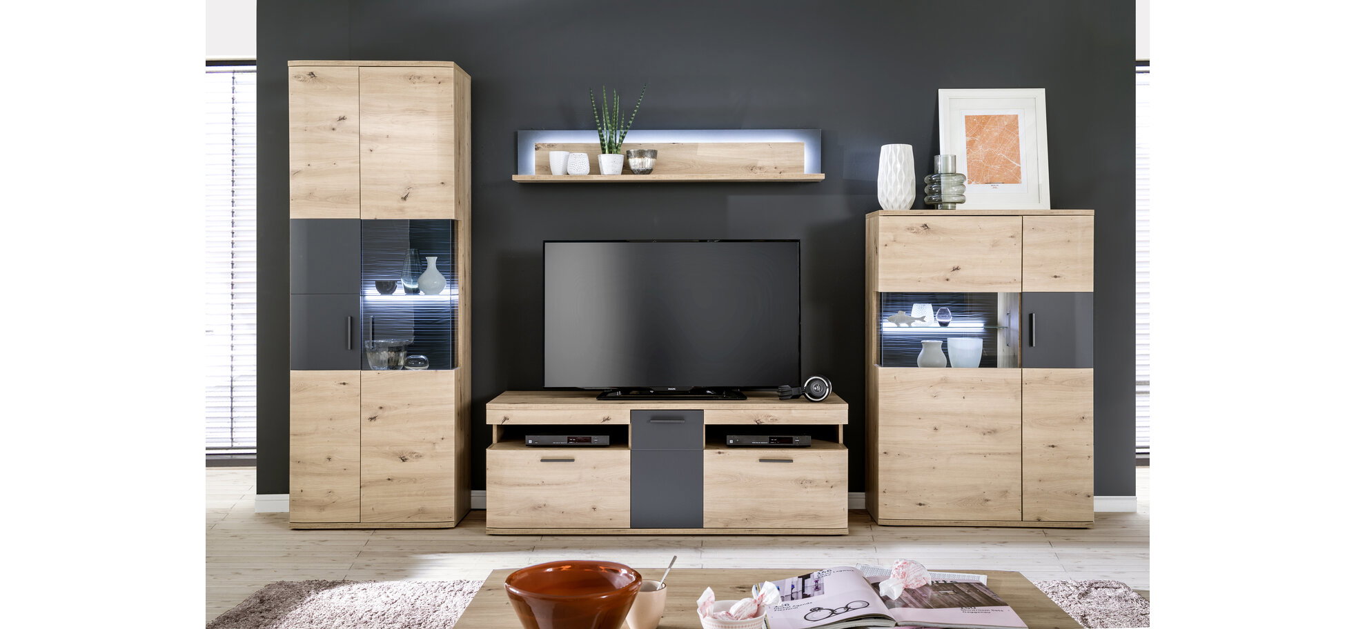 Wohnwand Balkeneiche Nachbildung inkl.Beleuchtung – Bild 2